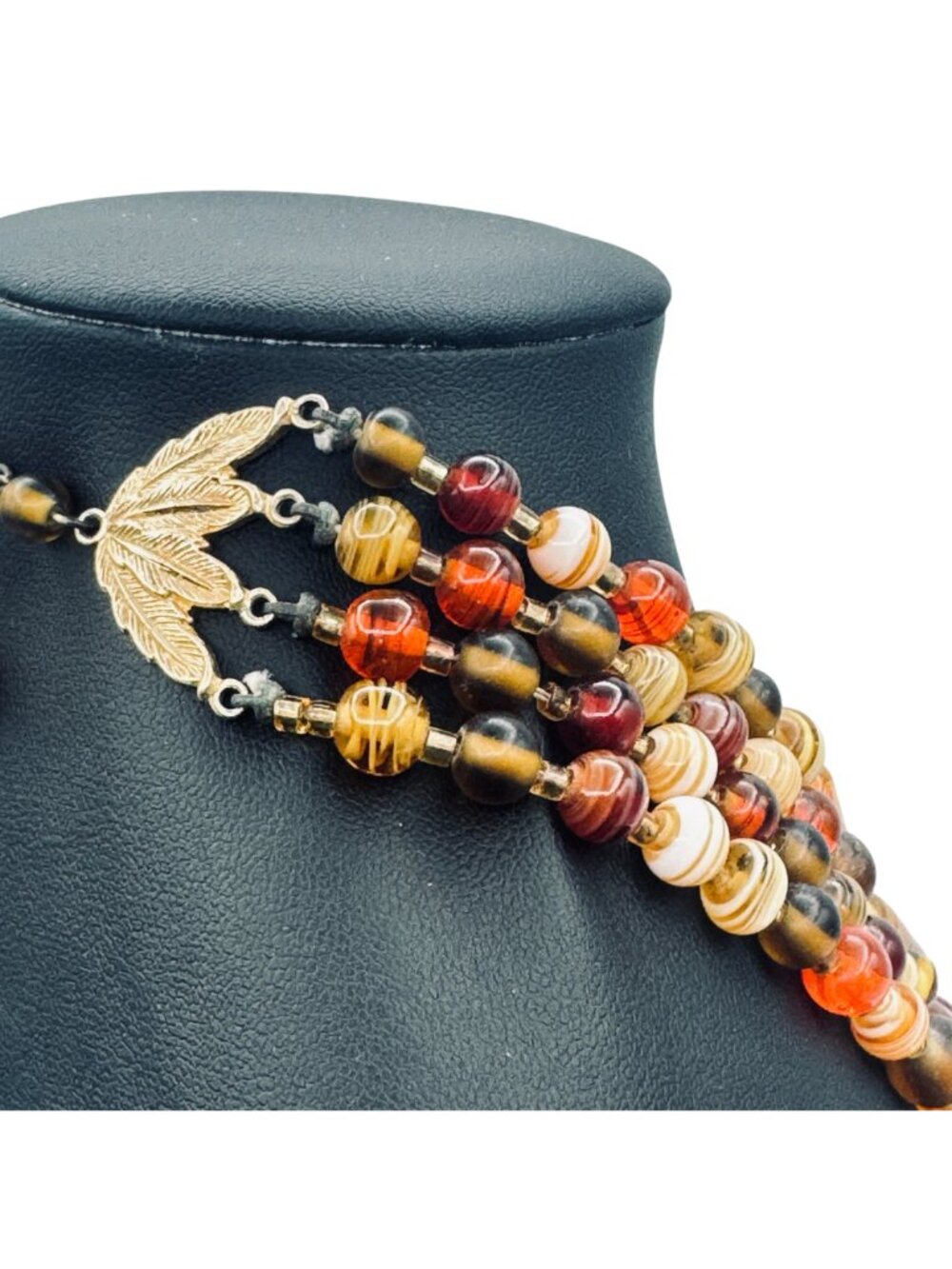 Vintage Multi-Strand Glass Bead Bib Necklace Handmade Lampwork Fall Colors - Picture 6 of 9